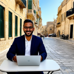 A diverse professional individual in modest, smart-casual attire, working on a laptop at an outdoor cafe table in Valletta, Malta. The background features ancient limestone buildings and narrow, charming streets under warm Mediterranean sunlight. The scene emphasizes productivity in a beautiful historic setting. perfect anatomy, correct proportions, natural pose, well-formed hands, proper finger count, natural body proportions, fully clothed, appropriate attire, professional dress, safe for work, appropriate content, family-friendly, high-quality, sharp focus, professional photography.