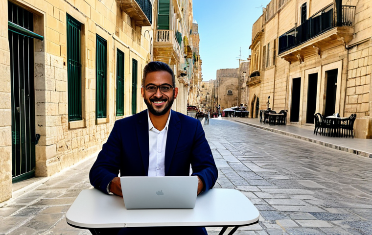 A diverse professional individual in modest, smart-casual attire, working on a laptop at an outdoor cafe table in Valletta, Malta. The background features ancient limestone buildings and narrow, charming streets under warm Mediterranean sunlight. The scene emphasizes productivity in a beautiful historic setting. perfect anatomy, correct proportions, natural pose, well-formed hands, proper finger count, natural body proportions, fully clothed, appropriate attire, professional dress, safe for work, appropriate content, family-friendly, high-quality, sharp focus, professional photography.