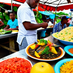Bajan Cuisine**

"A vibrant display of Bajan cuisine, featuring Cou Cou and flying fish presented on a colorful plate, surrounded by fresh tropical fruits and vegetables from a local market. In the background, a bustling market scene with vendors and locals. Focus on culinary details and vibrant colors. Safe for work, appropriate content, fully clothed. Perfect anatomy, correct proportions, natural pose, professional food photography, high quality, family-friendly."

**