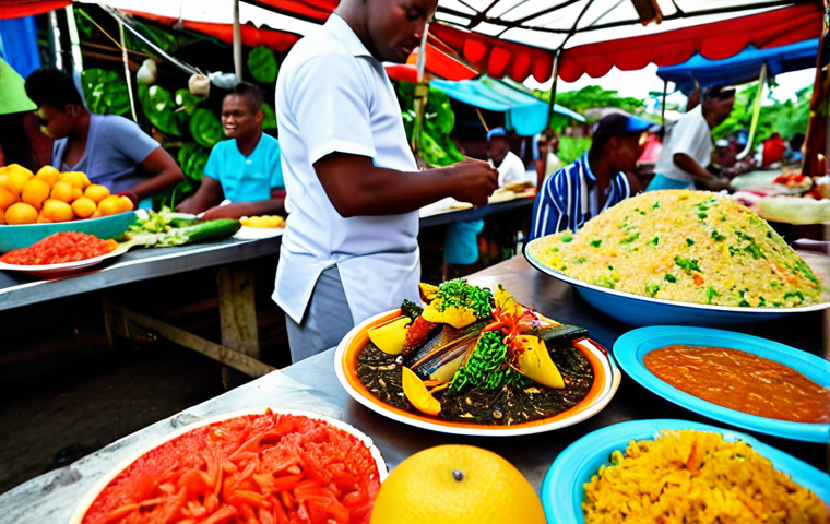 Bajan Cuisine**

"A vibrant display of Bajan cuisine, featuring Cou Cou and flying fish presented on a colorful plate, surrounded by fresh tropical fruits and vegetables from a local market. In the background, a bustling market scene with vendors and locals. Focus on culinary details and vibrant colors. Safe for work, appropriate content, fully clothed. Perfect anatomy, correct proportions, natural pose, professional food photography, high quality, family-friendly."

**