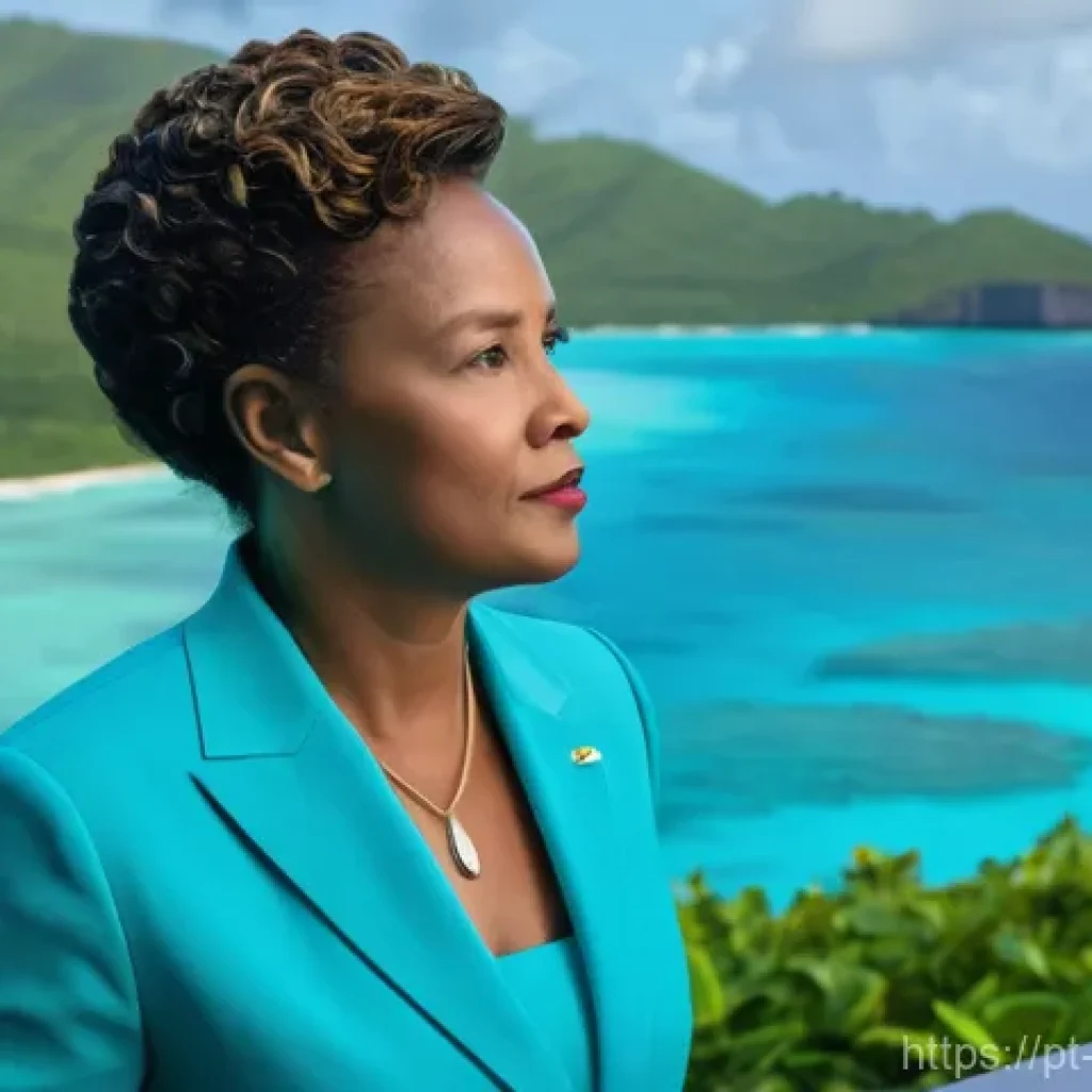 바베이도스와 카리브 국가 관계 - **Prompt:** An inspiring and dynamic image featuring a strong female leader, representing Barbados, ...