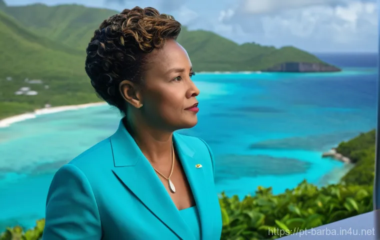 바베이도스와 카리브 국가 관계 - **Prompt:** An inspiring and dynamic image featuring a strong female leader, representing Barbados, ...