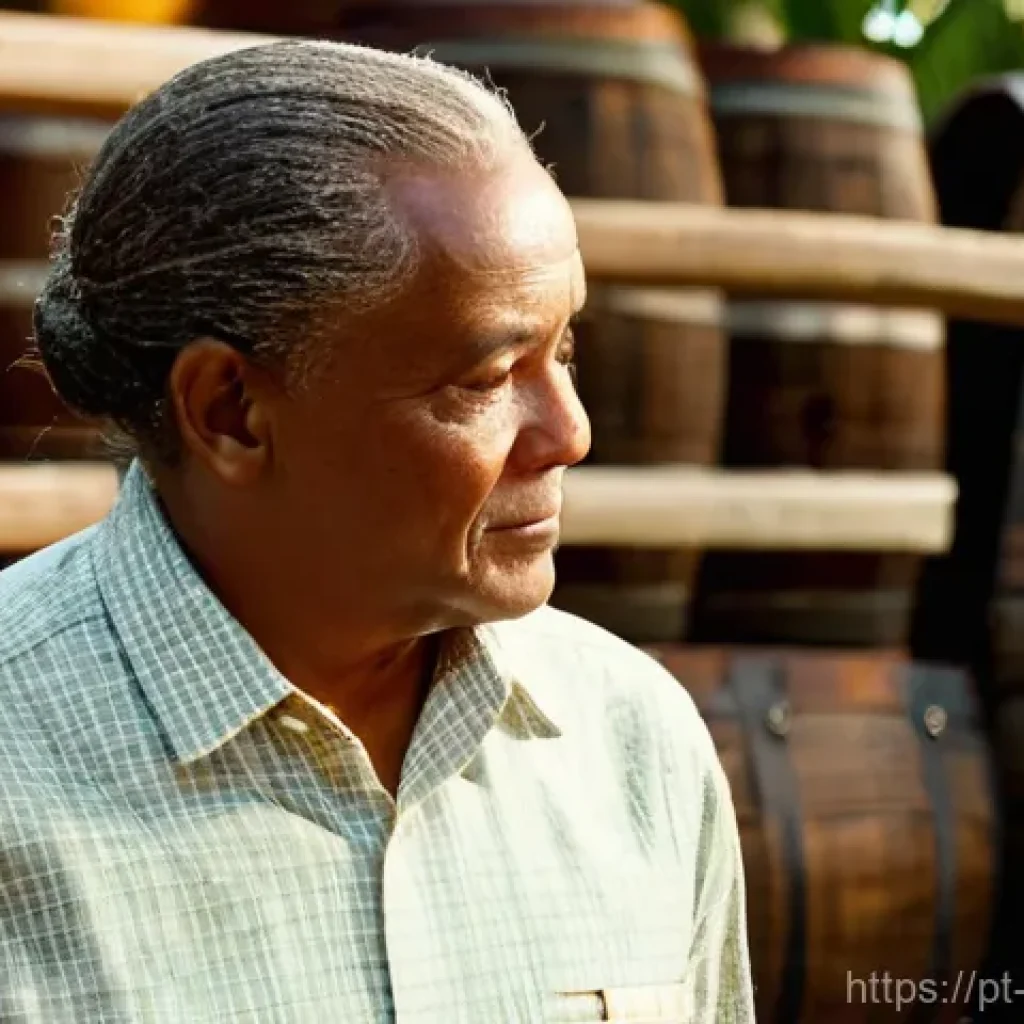바베이도스 럼 산업과 무역 분쟁 - **"A historically rich scene at the Mount Gay distillery in Barbados, bathed in warm, soft golden ho...