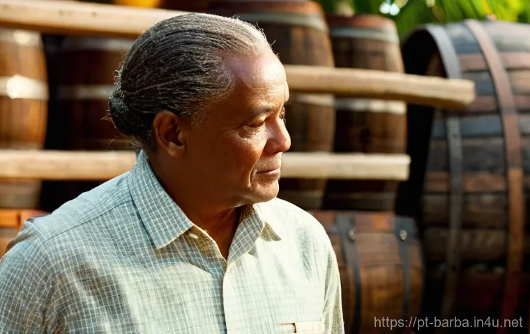 바베이도스 럼 산업과 무역 분쟁 - **"A historically rich scene at the Mount Gay distillery in Barbados, bathed in warm, soft golden ho...