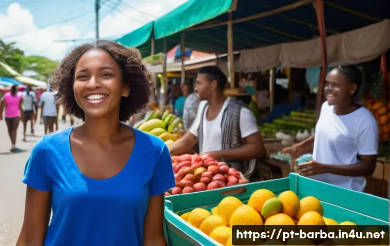 바베이도스에서 금기되는 행동 - A vibrant street scene in Barbados showing a respectful tourist wearing a light cotton t-shirt and c...