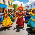 Home 18 바베이도스 영국 식민지 역사 - A vibrant street scene during the Crop Over festival in Barbados, showcasing a lively parade with pe...