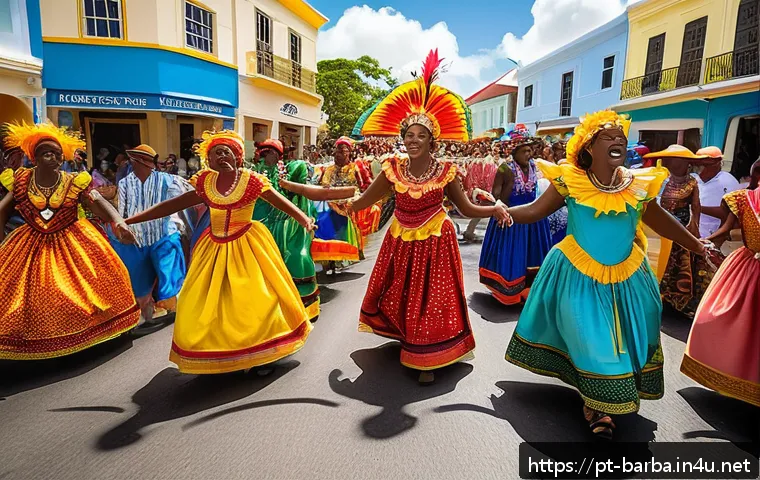 바베이도스 영국 식민지 역사 - A vibrant street scene during the Crop Over festival in Barbados, showcasing a lively parade with pe...
