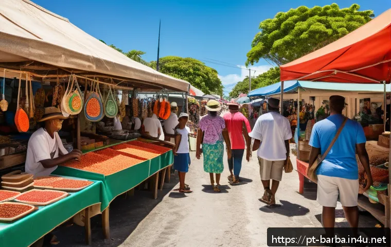 바베이도스 여행 시 주의할 점 - A vibrant street market scene in Barbados during daytime, featuring local artisans selling handmade ...