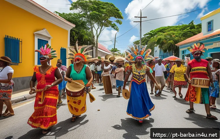 바베이도스 노예무역 역사 - A vibrant street scene during the Crop Over festival in Barbados, showcasing a diverse group of peop...