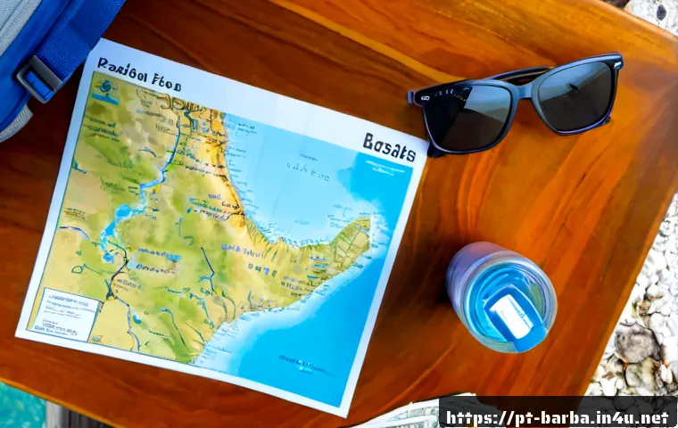 바베이도스 배낭여행 경로 - Photorealistic travel planning scene for a Barbados backpacking route, overhead view of a wooden gue...