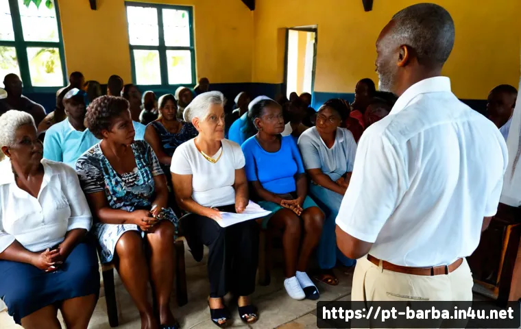 바베이도스에서 논란이 된 정책 변화 - Photorealistic Barbados public policy debate, diverse Barbadian adults gathered at a bright communit...