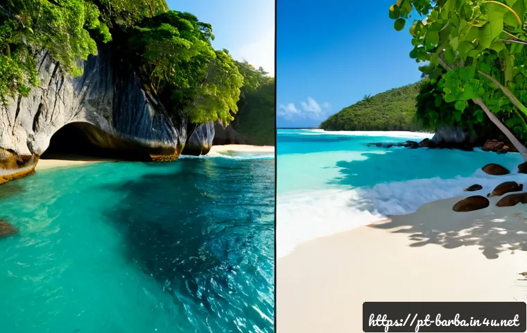 바베이도스 vs 세이셸 자연환경 비교 - Photorealistic split-screen natural environment comparison: left side Barbados with a calm turquoise...